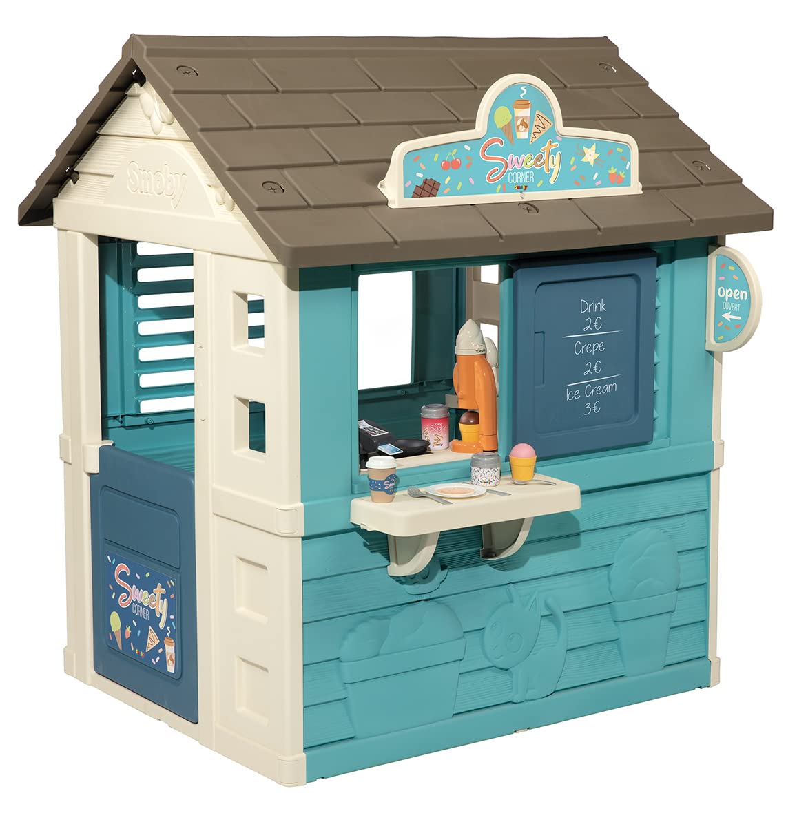 Smoby-Casita Sweety Corner, Puesto de Dulces para Llevar, con Dos Zonas de Juego y Múltiples Accesorios, Estructura Sólida y Resistente,Tratamiento Anti-UV, Adecuado a Partir de 2 Años-105x110 x127cm