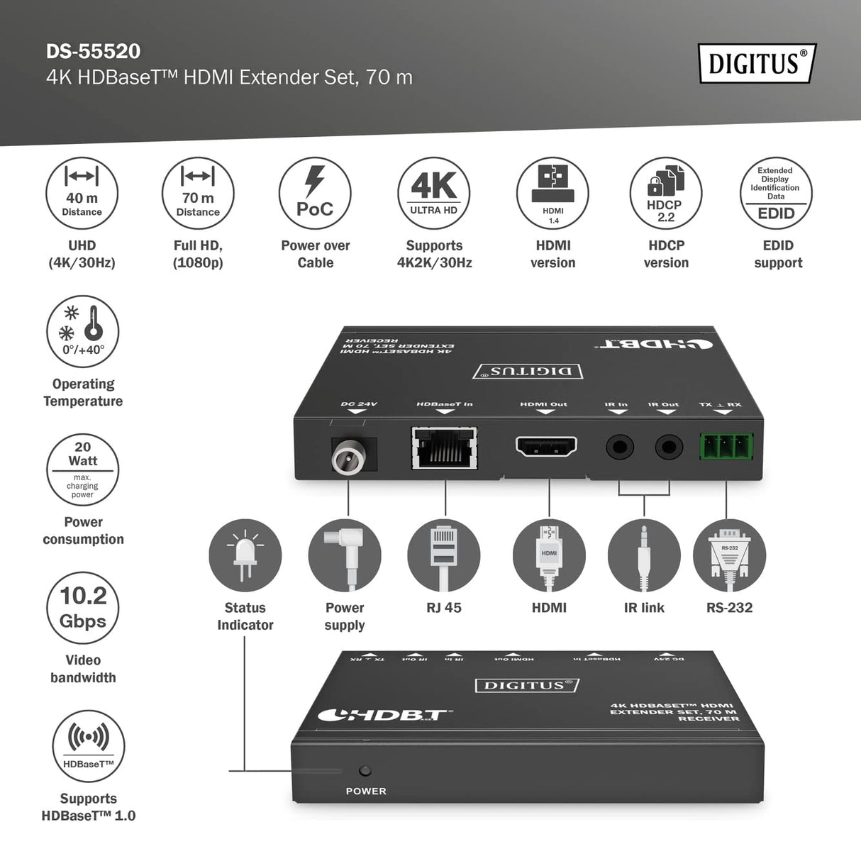 DIGITUS DS-55520 Extensor HDMI (HDBaseT) - UHD 4K/30 Hz - 40 m mediante cable LAN (HDBaseT 70 m) - Conjunto: emisor y receptor - IR infrarrojos, RS232 - HDCP 2.2/1.4 y HDBaseT 1.0