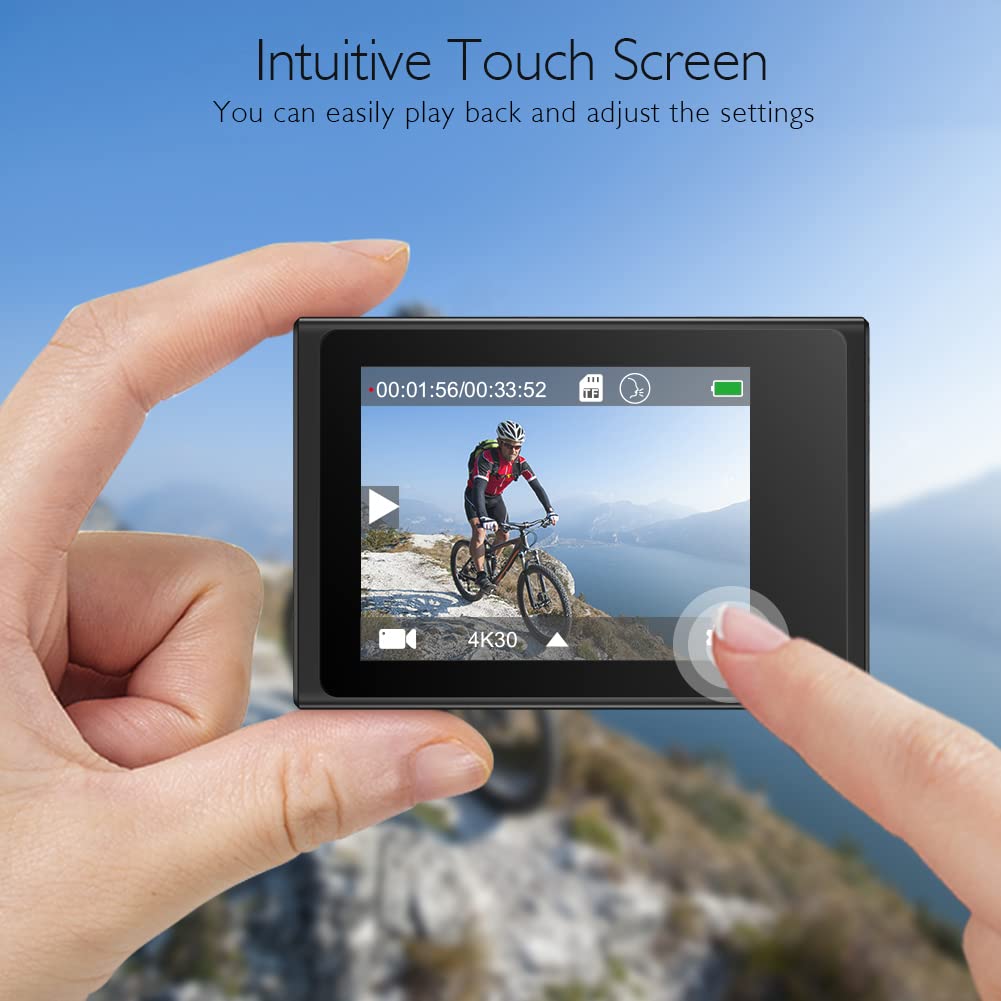 AKASO Brave 6 Plus Cámara Deportiva 4K30FPS WiFi 20MP - Cámara de Accion Pantalla Táctil, Estabilización Electrónica, Cámara Acuatica Sumergible 40M, Control por Voz, 2 Baterías y Kit de Accesorios
