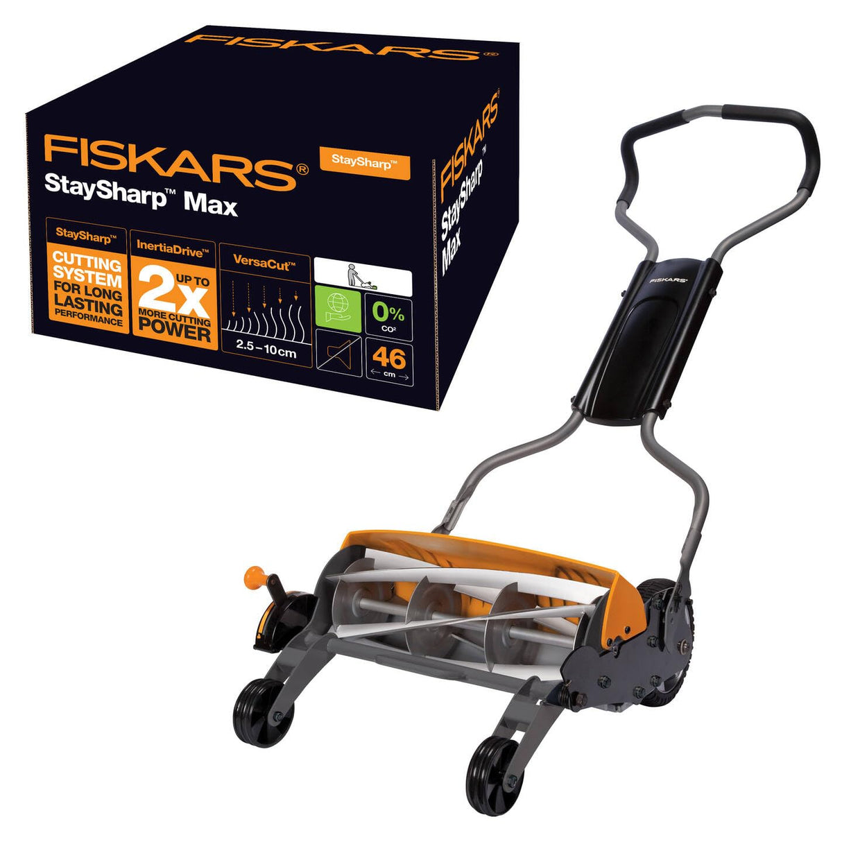 Fiskars Cortacésped StaySharp Max, Cortacésped con sistema de corte sin contacto, Ancho de corte: 46 cm, Negro/Naranja/Plata, 1000591