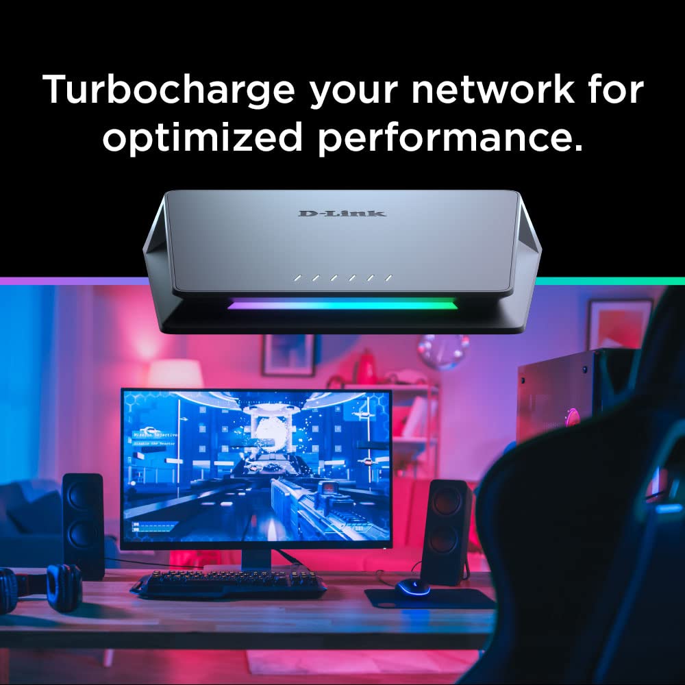 D-Link DMS-106XT Switch Multigigabit para Gaming, 5 Puertos LAN 2.5 Gigabit, 1p LAN 10 Gigabit, sin gestión, diseño avanzado con Leds, Turbo Mode, IGMP Snooping, priorización Inteligente