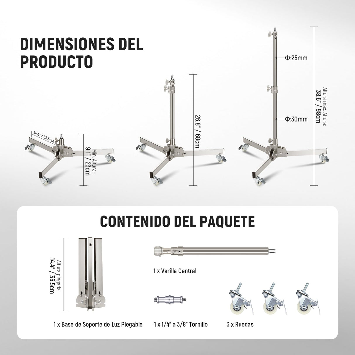 NEEWER Soporte de Luz Alta Resistencia con Ruedas, Altura Máx 3.2ft/98cm, Acero Inoxidable Plegable Trípode Ajustable, Soporte Luz Fotografía para Speedlight Softbox Monoluz, Carga Máx 22lb, ST98SS