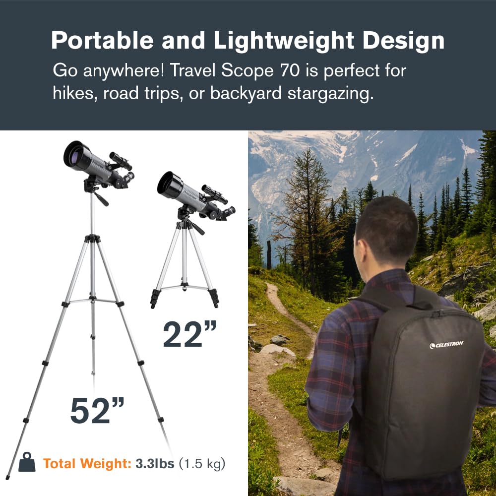 Celestron 22035 Travel Scope DX 70mm: telescopio Refractor portátil con óptica de Vidrio Completamente Revestido, Mochila, Paquete de Software de astronomía y Adaptador de Smartphone para digiscoping