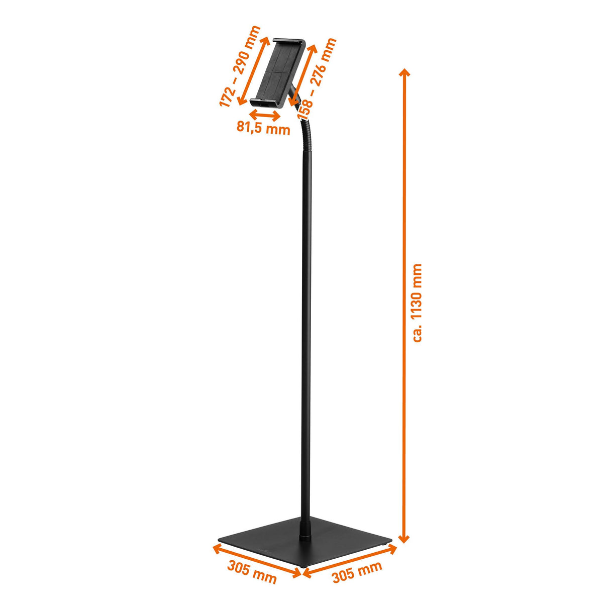 Durable 894501 - Soporte de Suelo para Tableta/iPad con Cuello de Cisne (Giratorio 360° y Altura Regulable, para Tablets de 7 a 13"), Color Negro