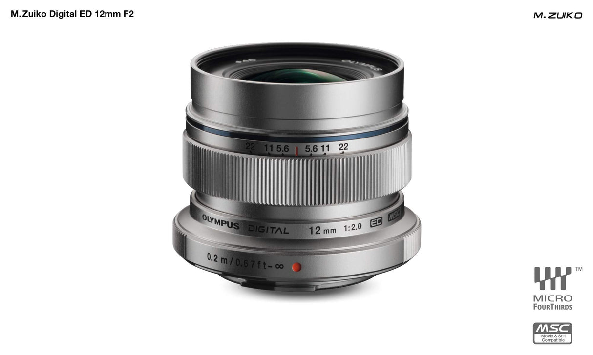 Objetivo Olympus M.Zuiko Digital ED 12 mm F2.0, Longitud Focal Fija rápida, Apto para Todas Las cámaras MFT (Modelos Olympus OM-D & Pen, Serie G de Panasonic), Plata