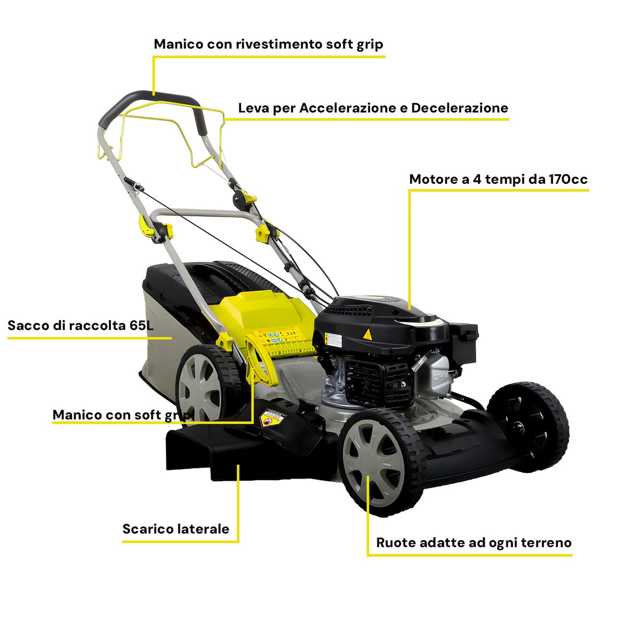 Avilia Cortacésped de explosión autopropulsado con Corte de 51 cm, Bolsa de Recogida de 65 l, cortacésped con tracción Trasera, Corte con Descarga Trasera y Lateral, 8 Alturas de Corte, 4 kW, 5,4 HP,