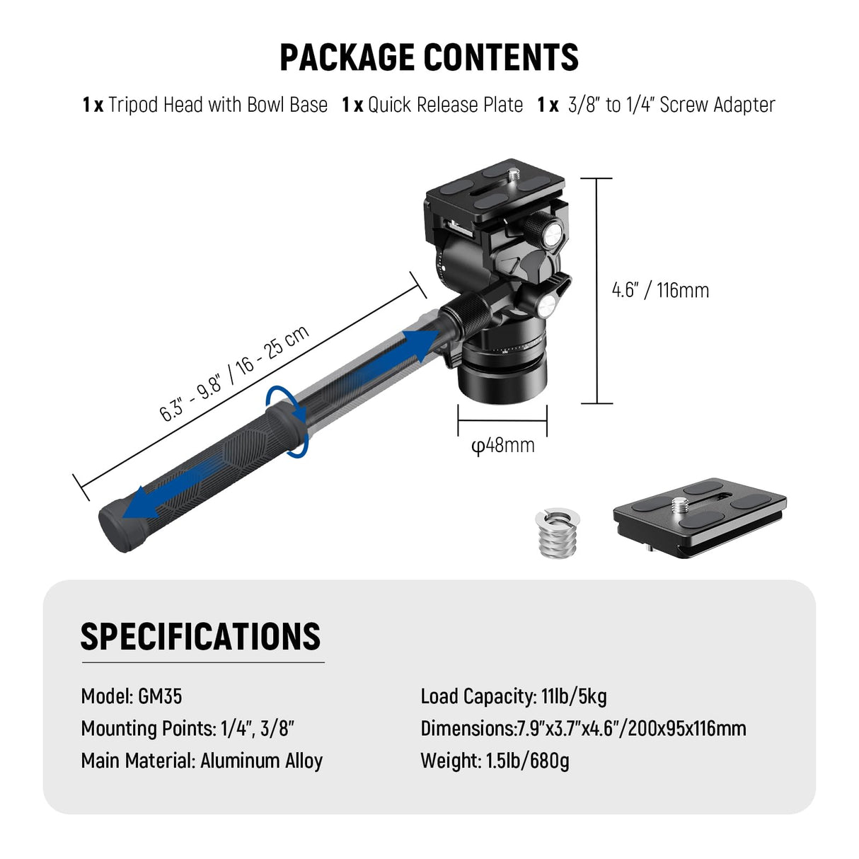 NEEWER Cabezal Fluido para Trípode con Base Niveladora de +/-7° (φ48mm), Soporte de Cabezal de Video Mini Pan Tilt Metal con Placa QR Tipo Arca, Mango Telescópico para Cámara Video Cámara DSLR, GM35