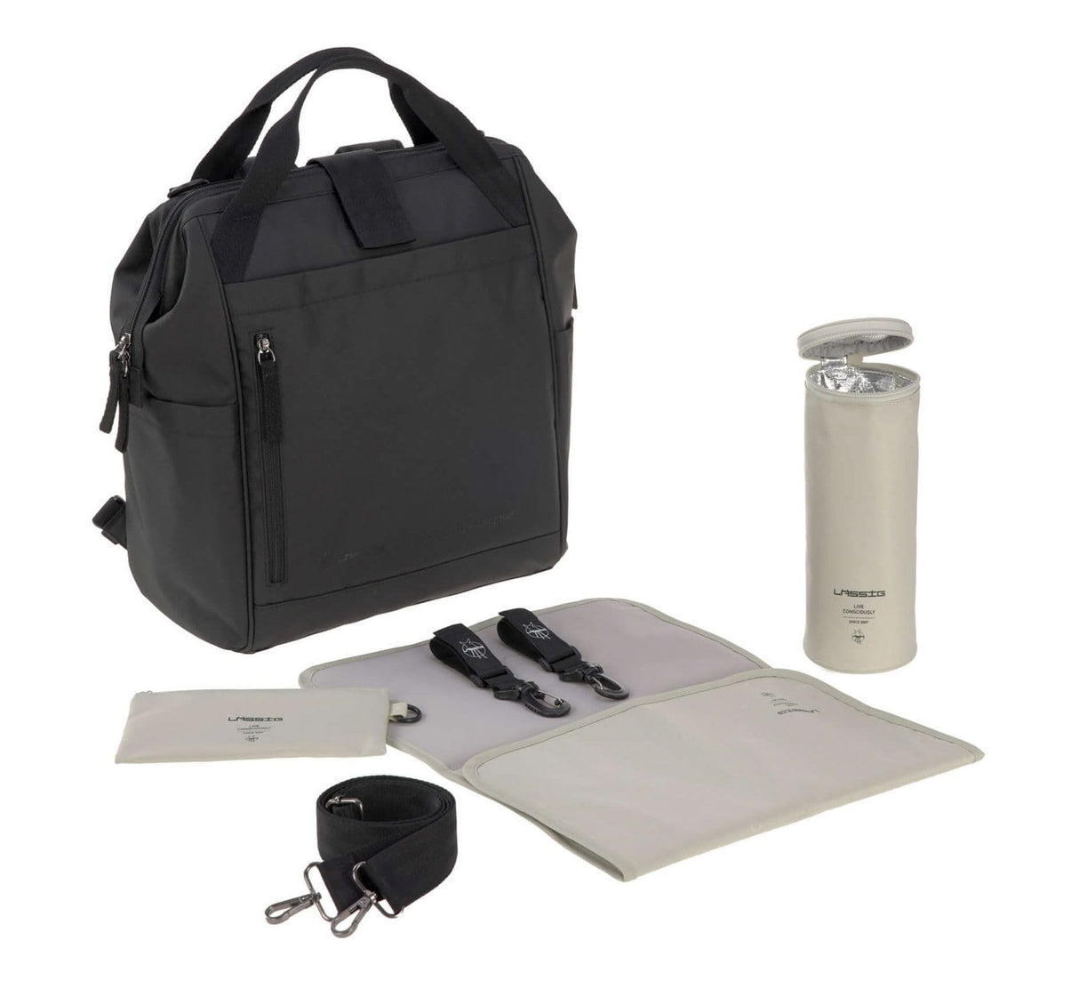 LÄSSIG Mochila cambiadora para bebés Bolsa cambiadora incl. accesorios cambiadores Mochila con cambiador producida de forma sostenible/Goldie Up Backpack black