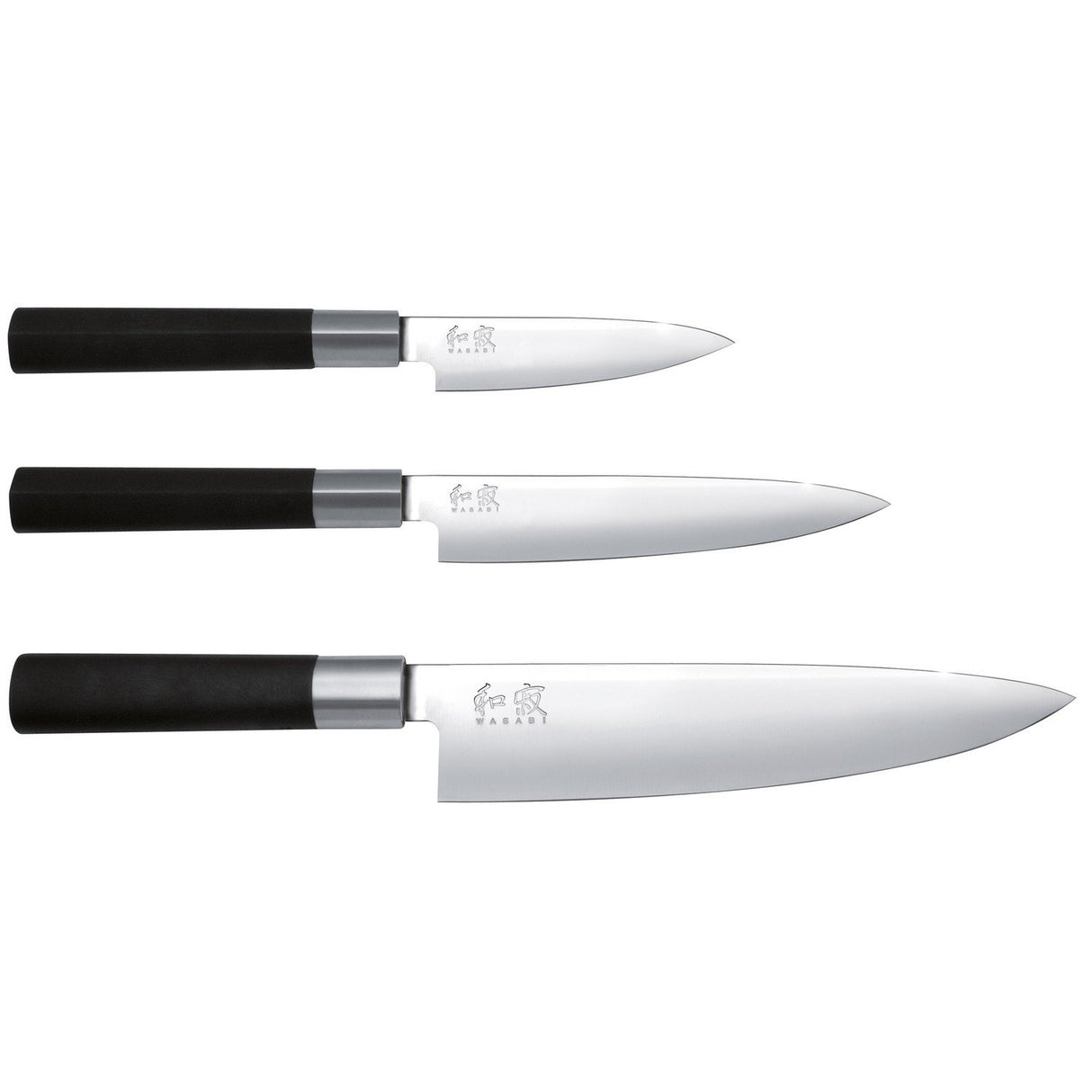 KAI Wasabi Black Juego de cuchillos 3 piezas - Cuchillo multiusos de 10 cm, Cuchillo multiusos de 15 cm, Cuchillo de chef de 20 cm - Acero inoxidable 6A/1K6 pulido 58 HRC Mango de polipropileno negro