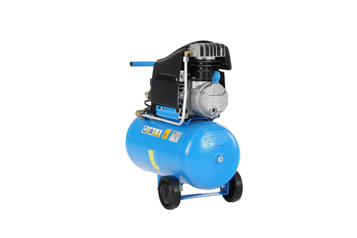 ABAC Pole Position L20 Compresor de Aire, 24 Litros Compresor de Aire, Manómetro Doble, Presión Max. 10 Bar, Inyección de Aceite, Ruedas de Transporte, Potencia 2 HP Azul Claro
