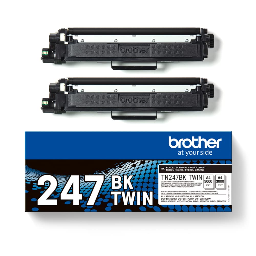 Brother TN247BKTWIN Pack de 2 cartuchos de tóner negro de larga duración, Para las impresoras HLL3210CW, HLL3230CDW, HLL3270CDW, DCPL3510CDW, DCPL3550CDW, MFCL3710CW, MFCL3750CDW, MFCL3770CDW