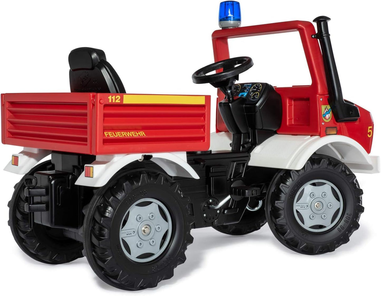 Rolly Toys Fire Unimog 038275 - Camión de Bomberos edición 2020 con Remolque (Coche a Pedales de 3 a 8 años, jeringuilla, Intermitente, Cambio de Marchas, Freno)