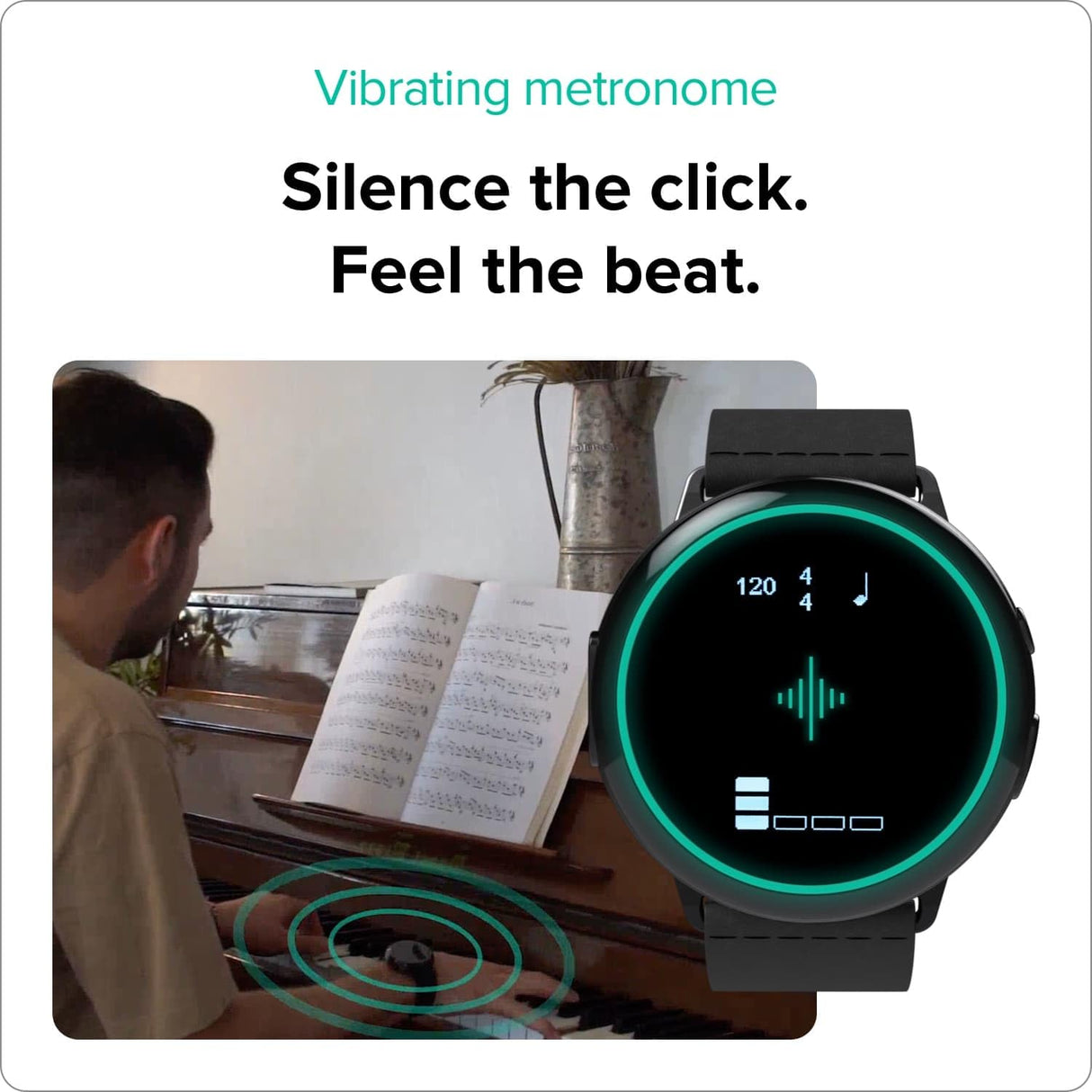 Soundbrenner Core Steel 2, compañero de práctica musical para todos los músicos con metrónomo vibratorio, rastreador de práctica, afinador cromático, medidor de decibelios y reloj inteligente, mejor