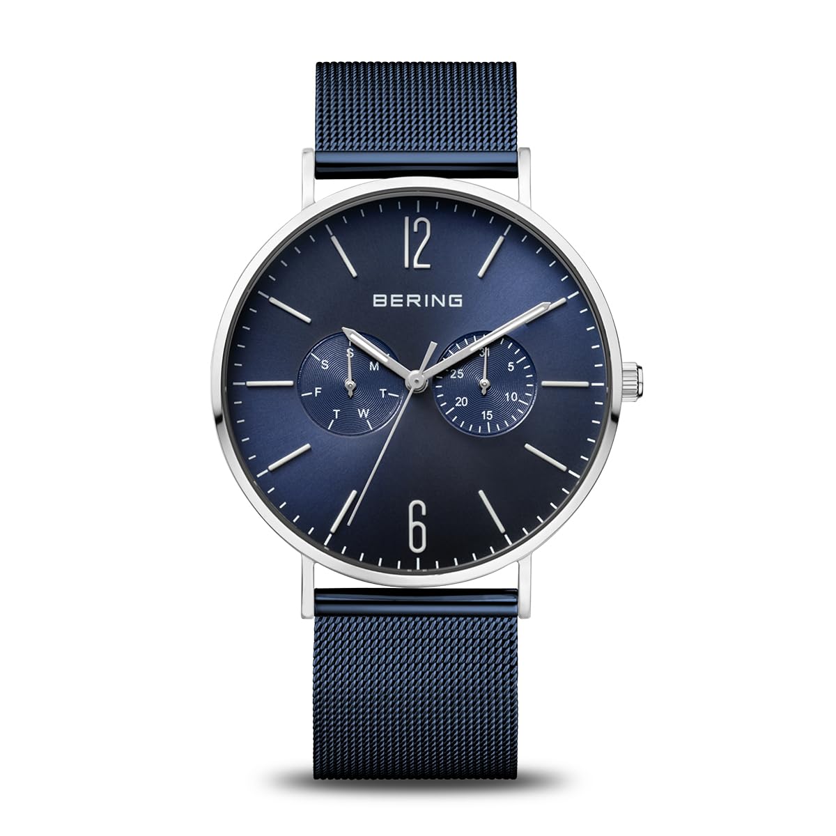 BERING 14240-303 Reloj de cuarzo para hombre con caja de acero inoxidable plateado de 40 mm y esfera azul, correa milanesa, cristal de zafiro y resistencia al agua de 3 ATM