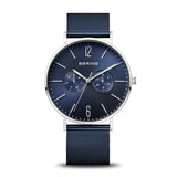 BERING 14240-303 Reloj de cuarzo para hombre con caja de acero inoxidable plateado de 40 mm y esfera azul, correa milanesa, cristal de zafiro y resistencia al agua de 3 ATM