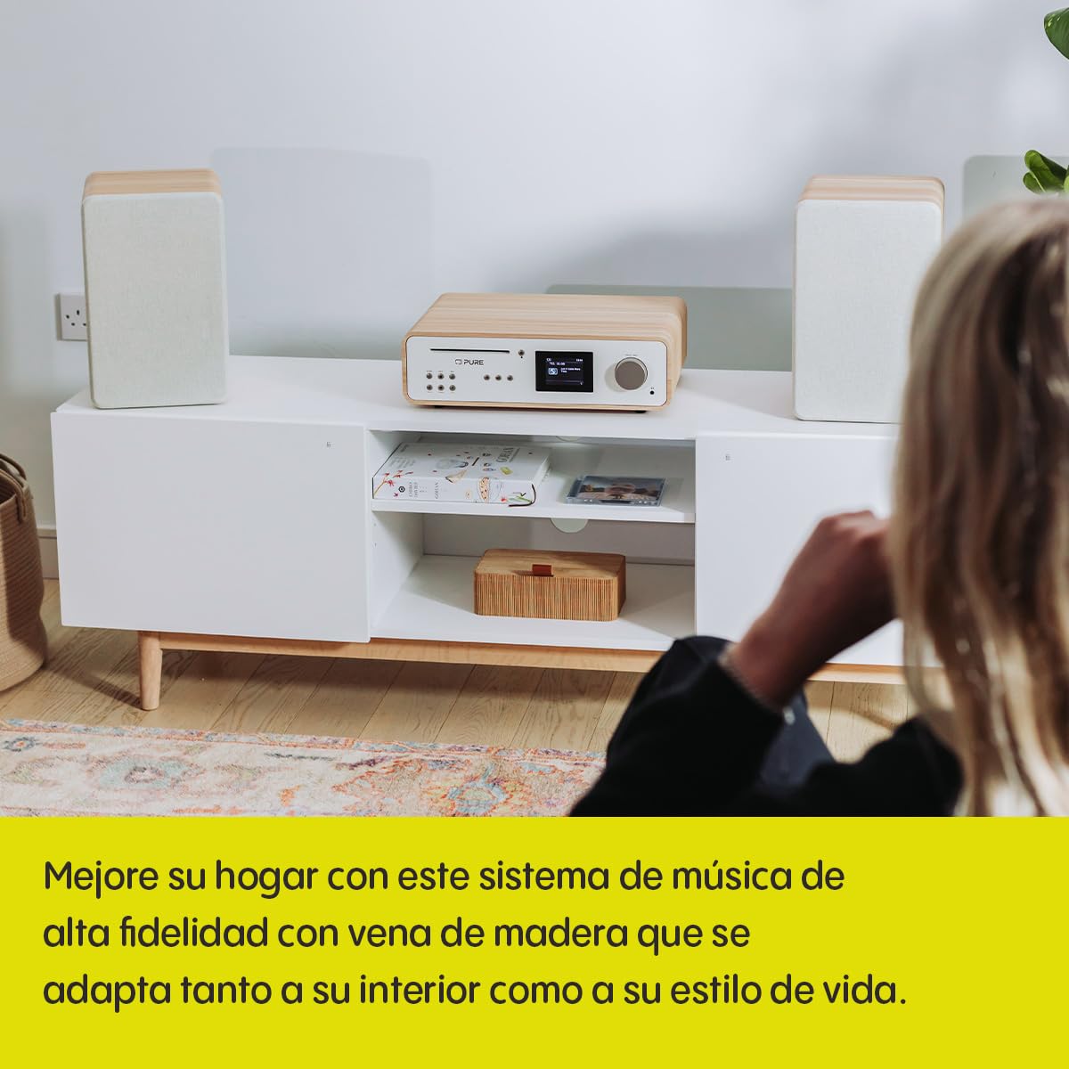 Pure Sistema de música HiFi Pure Classic Stereo, Sistema Compacto (100 W de Sonido, Radio por Internet, Dab+/FM, Bluetooth, Reproductor de CD, USB y Spotify Connect), Blanco algodón/Roble