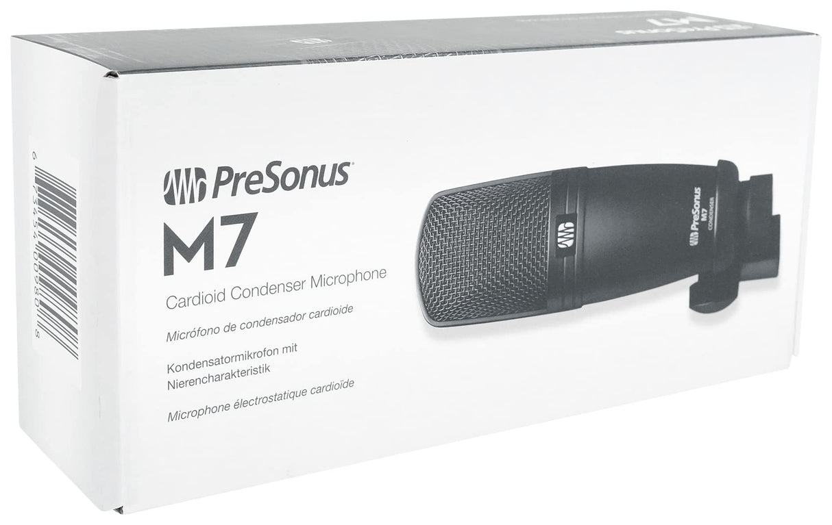 PreSonus M7, Micrófono de Condensador Cardioide para Grabación, Podcasting y Difusión con Soporte, Cable XLR, Funda de Transporte