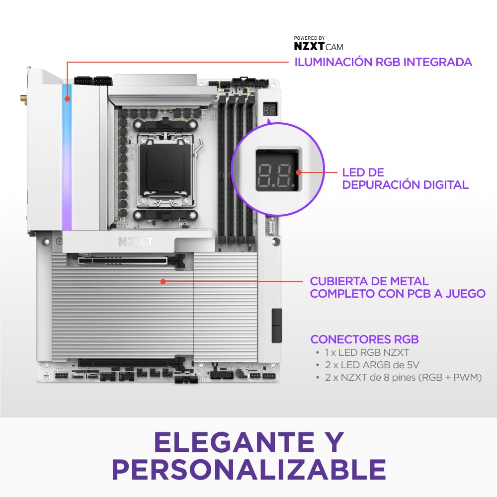NZXT Placa Base para Juegos N9 X870E - AMD X870E AM5 ATX para Ryzen 9000/8000/7000-20+2+1, DDR5, 4X M.2, PCIe 5.0, 5GbE – Cierres de liberación rápida M.2, Cubierta de Metal Completo, PCB Blanco