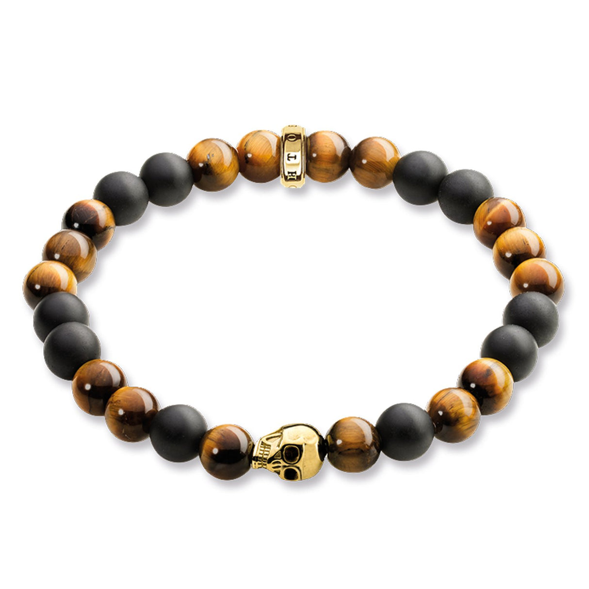 THOMAS SABO Pulsera de hombre Rebel at Heart con cabeza de muerte, oro chapado en oro de tigre A1509-881, 17, Plata de ley, Tiger's Eye,