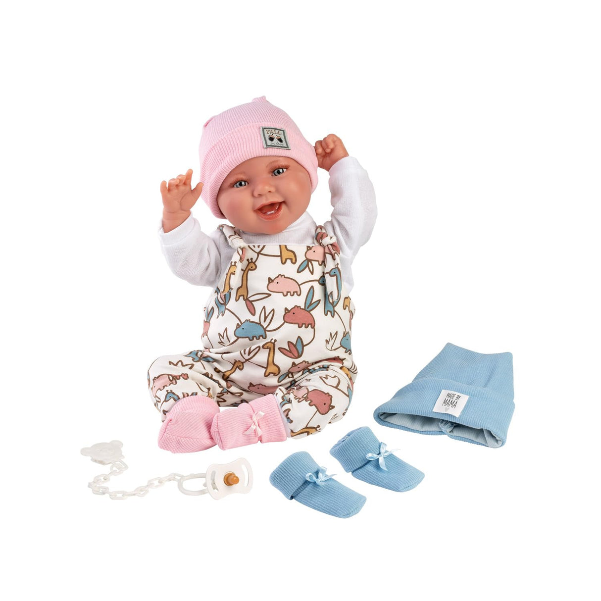 Llorens 1018481 Tina-Tino - Muñeca de bebé con Ojos Azules y Cuerpo Suave, Incluye Ropa de Cambio, Chupete y Cadena para Chupete, 44 cm