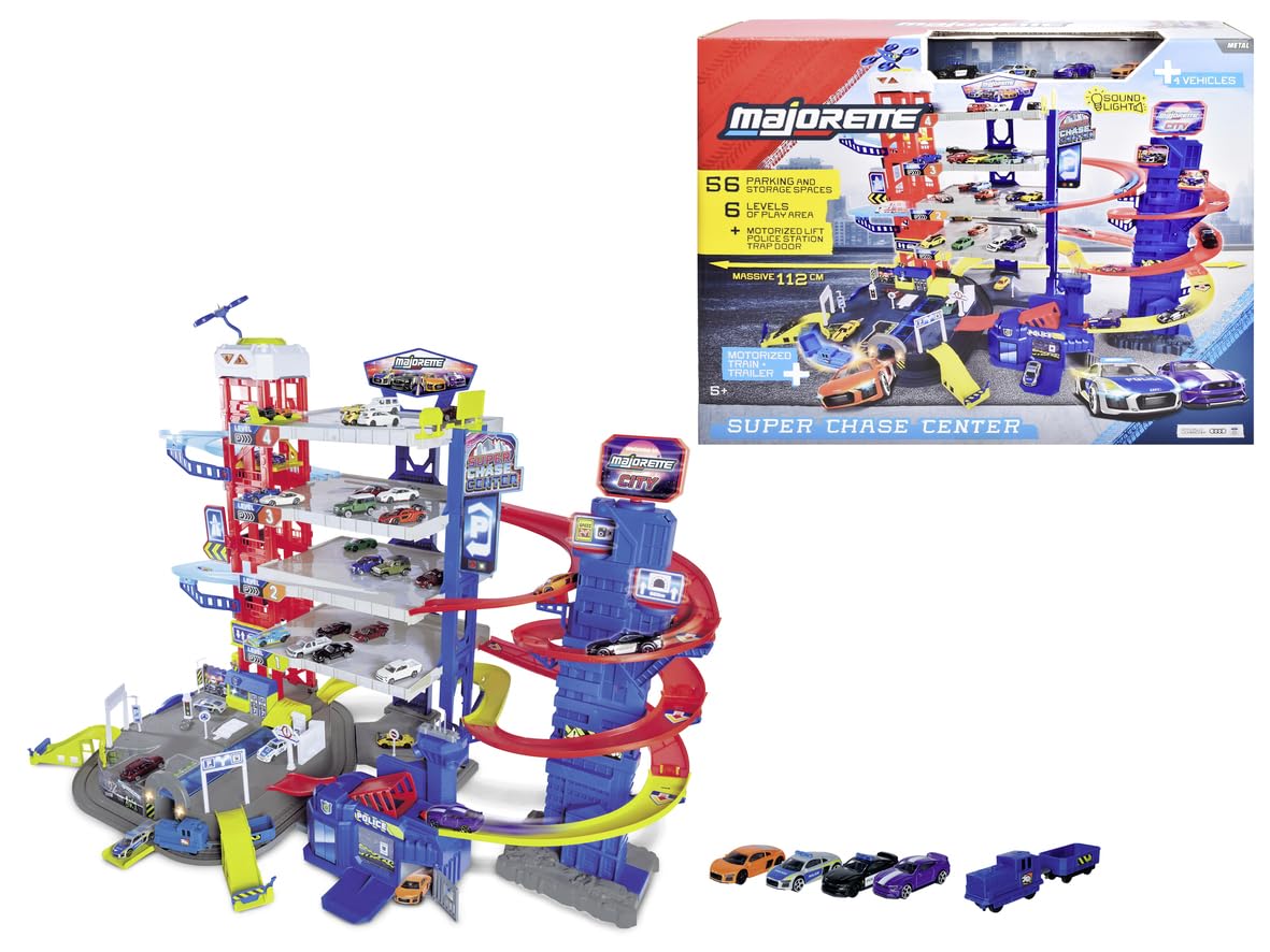 Majorette - Super Chase Center. Aparcamiento de 5 plantas, 57 plazas de aparcamiento, a partir de 5 años, 4 coches de juguete, comisaría, tren, ascensor, efectos de luz y sonido (212059984)