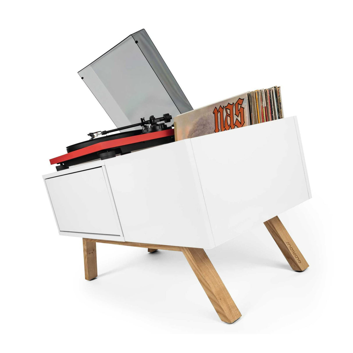 Glorious Turntable Lowboard - tablero bajo de alta calidad en diseño retro de los 60, espacio de almacenamiento para un tocadiscos y mucho espacio para los discos, blanco