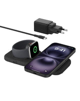 Belkin BoostCharge Pro cargador magnético compatible con MagSafe, base de carga inalámbrica 2 en 1 de viaje de 15 W, estación de carga inalámbrica plegable con Qi2, iPhone 16, Apple Watch 10 y AirPods