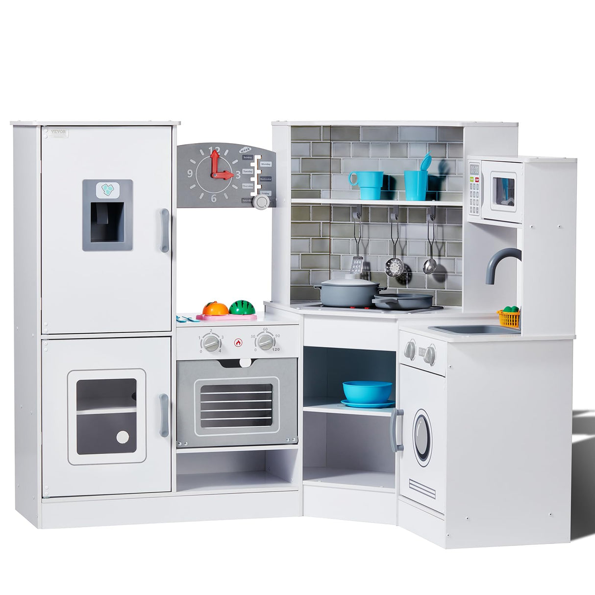 VEVOR Juego de Cocina de Madera de Esquina con Luces y Sonidos Cocina con Máquina de Hielo, Horno, Fregadero, Reloj, Microondas, Refrigerador y Accesorios para Niños Pequeños y Preescolares, Blanco