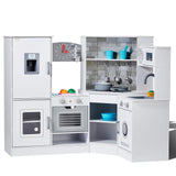 VEVOR Juego de Cocina de Madera de Esquina con Luces y Sonidos Cocina con Máquina de Hielo, Horno, Fregadero, Reloj, Microondas, Refrigerador y Accesorios para Niños Pequeños y Preescolares, Blanco