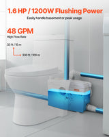 VEVOR 1200 W Bomba Trituradora para Inodoro con 4 Entradas de Agua, Caudal de 48 GPM, Altura de 10 m, Máquina de Descarga Ascendente para Eliminación de Aguas Residuales para Inodoro, Lavabo y Bañera