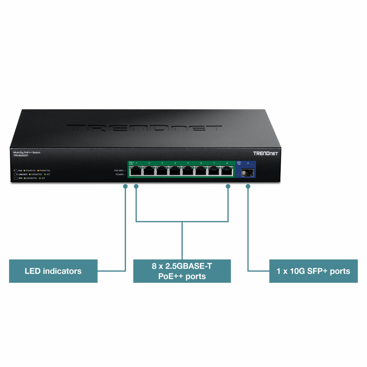TRENDnet, TPE-BG5091, conmutador PoE++ de 9 Puertos GAN de 2,5 G con Puerto SFP+ de 10 G (480 W), 8 Puertos PoE++ de 2,5 G, 1 Puerto SFP+ de 10 G, 480 W, 60 Gbps