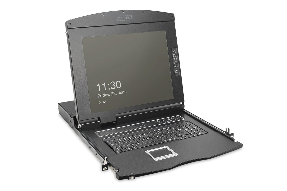 DIGITUS Consola KVM 19" - FullHD - Conmutador de 8 Puertos Cat 5 - Teclado US - para armarios de Servidor y Red de 19 Pulgadas - Negro