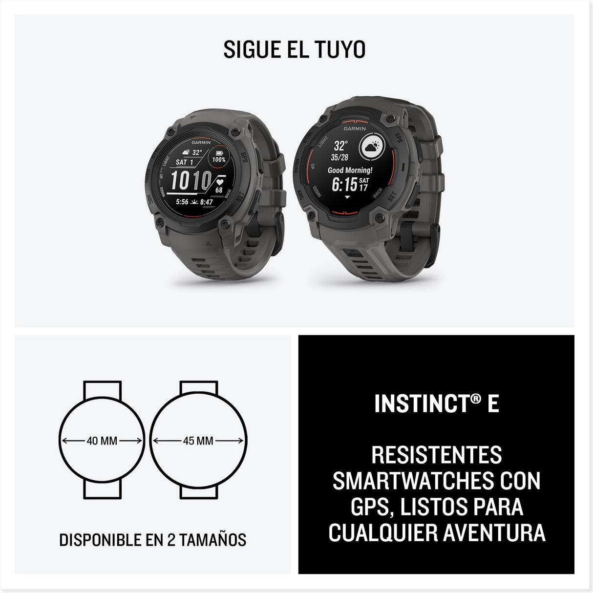 Garmin Instinct E, Reloj Inteligente con GPS, 45 mm, Resistente al Agua, Aplicaciones Deportivas integradas, Monitorización de la Salud, Notificaciones Inteligentes, Negro