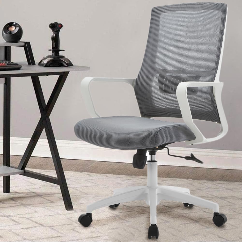 Shally Dogan Silla de Oficina ergonómica giratoria con Soporte Lumbar, sillón de Escritorio, Estudio, Dormitorio, reclinable con Altura Ajustable, Base Blanca Robusta, Respaldo antisudor (Gris)