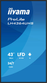 iiyama Prolite LH4364UHS-B1AG 108 cm 43" Digital Signage Display VA LED Panel 4K UHD HDMI USB-C USB2.0 RS-232c RJ45 Android 14 OS iiSignage² WiFi Mediaplayer 24/7 AntiGlare Negro