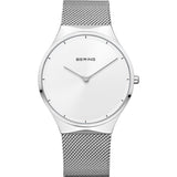BERING 12138-004 Reloj de Cuarzo Unisex con Caja de Acero Inoxidable Plateado de 38 mm y Esfera Blanca, Correa milanesa, Cristal de Zafiro y Resistencia al Agua de 3 ATM