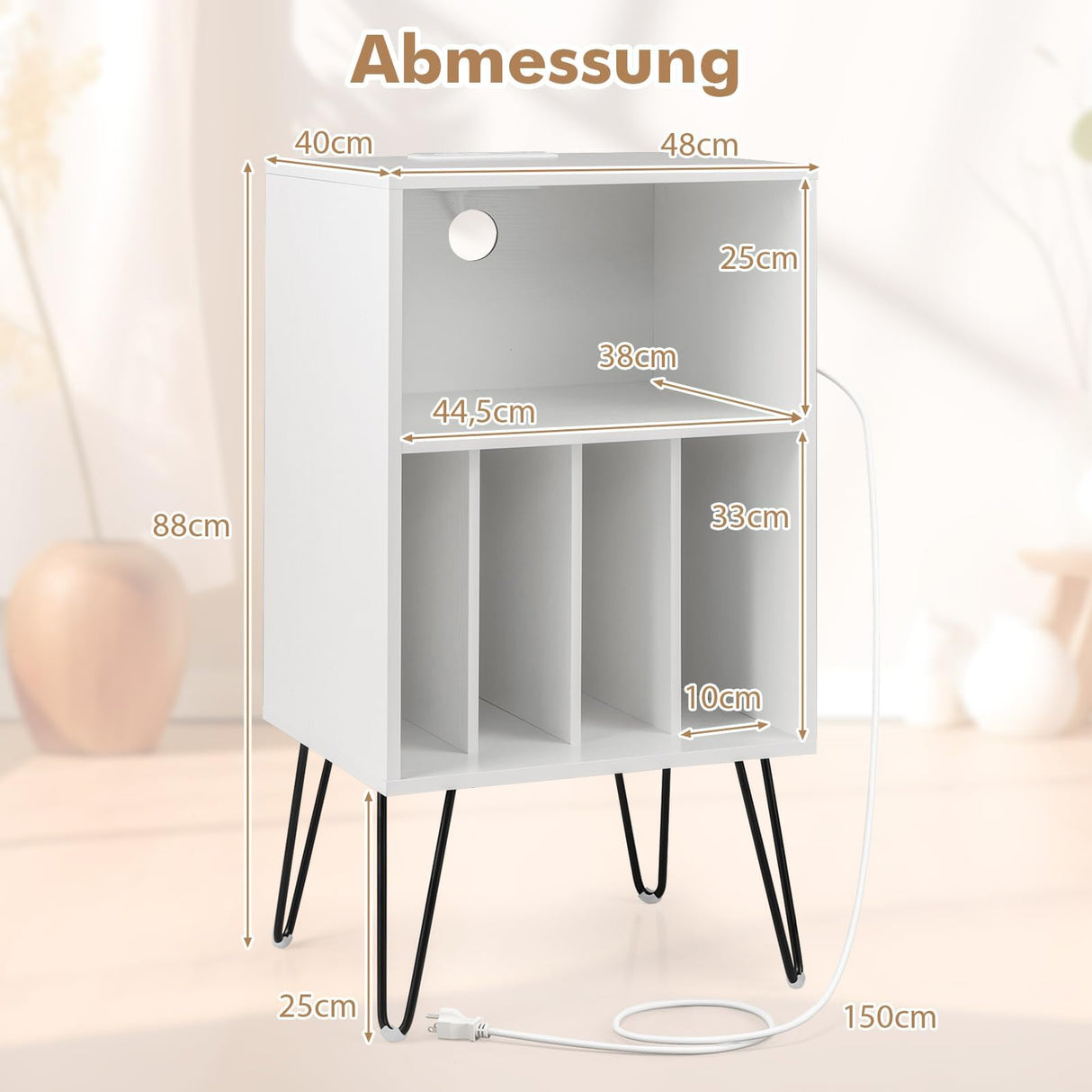 FANTASK Soporte para tocadiscos con estación de carga, soporte para discos de vinilo de 3 niveles, mesa de almacenamiento con estante y 4 separadores para salón, 48 x 40 x 88 cm