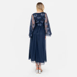 Maya Deluxe Women's Midaxi Dress Ladies V-Neck Long Wide Angel Sleeves Sequin Embellished Empire A-Line Tulle Evening Prom Ball Gown, French Navy, 54
