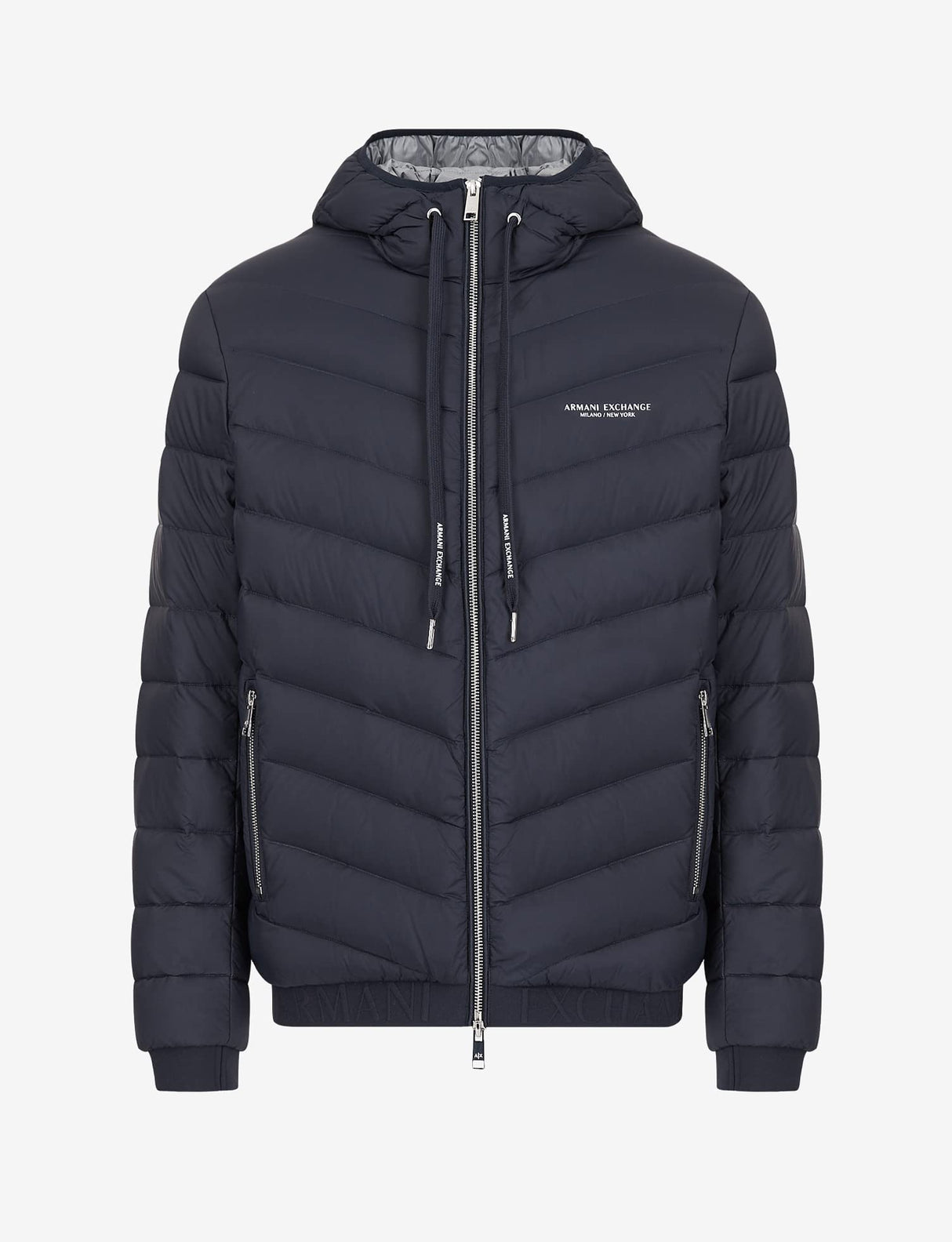 Armani Exchange Chaqueta Acolchada con Capucha y Cremallera, Logotipo de Milano/New York, Azul Marino/Gris Jaspeado, L para Hombre
