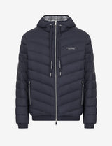 Armani Exchange Chaqueta Acolchada con Capucha y Cremallera, Logotipo de Milano/New York, Azul Marino/Gris Jaspeado, L para Hombre