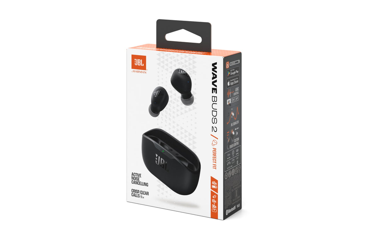 JBL Wave Buds 2, Auriculares True Wireless con cancelación de Ruido Activa, Bluetooth, hasta 40 hrs de autonomía, Sonido Pure Bass, Smart Ambient, conexión multipunto, Negro