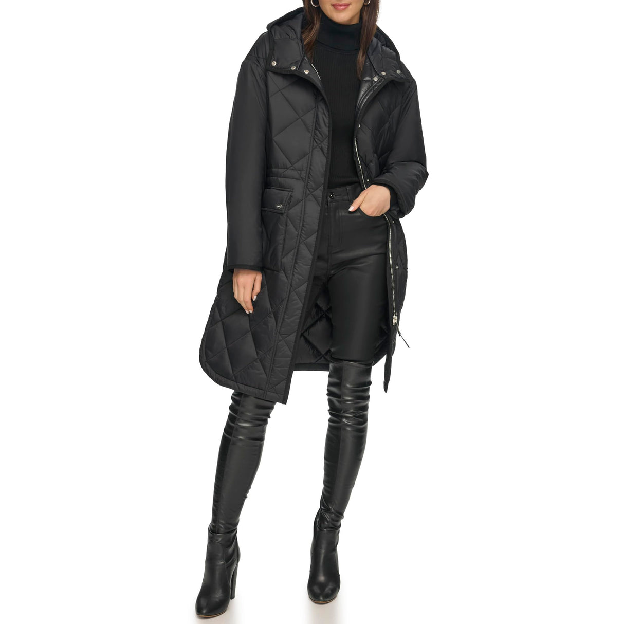 DKNY Button Down Long Quilted Coat Colcha, Black, XS De Las Mujeres