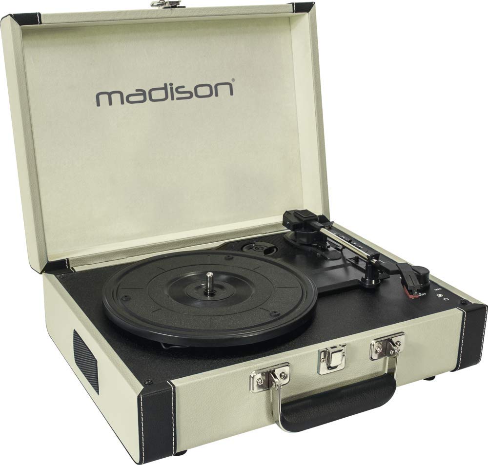 Madison - Mad-RETROCASE-CR - Estuche para Tocadiscos Retro (33, 45, 78 RPM) con Altavoces incorporados, Bluetooth, USB, SD - Adaptador de 45 RPM Incluido - Cuero Azul Claro