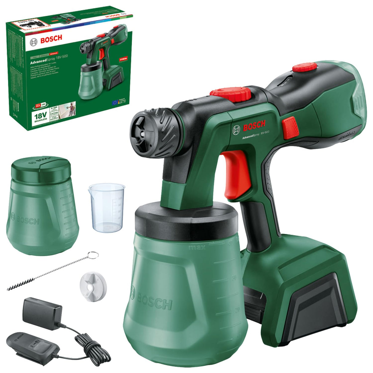 Bosch pulverizador pintura con batería AdvancedSpray 18V-500 (pintura de látex/emulsión, barniz, laca; 3 m²/min; 2 depósitos 1200 ml; cargador, batería 4 Ah)