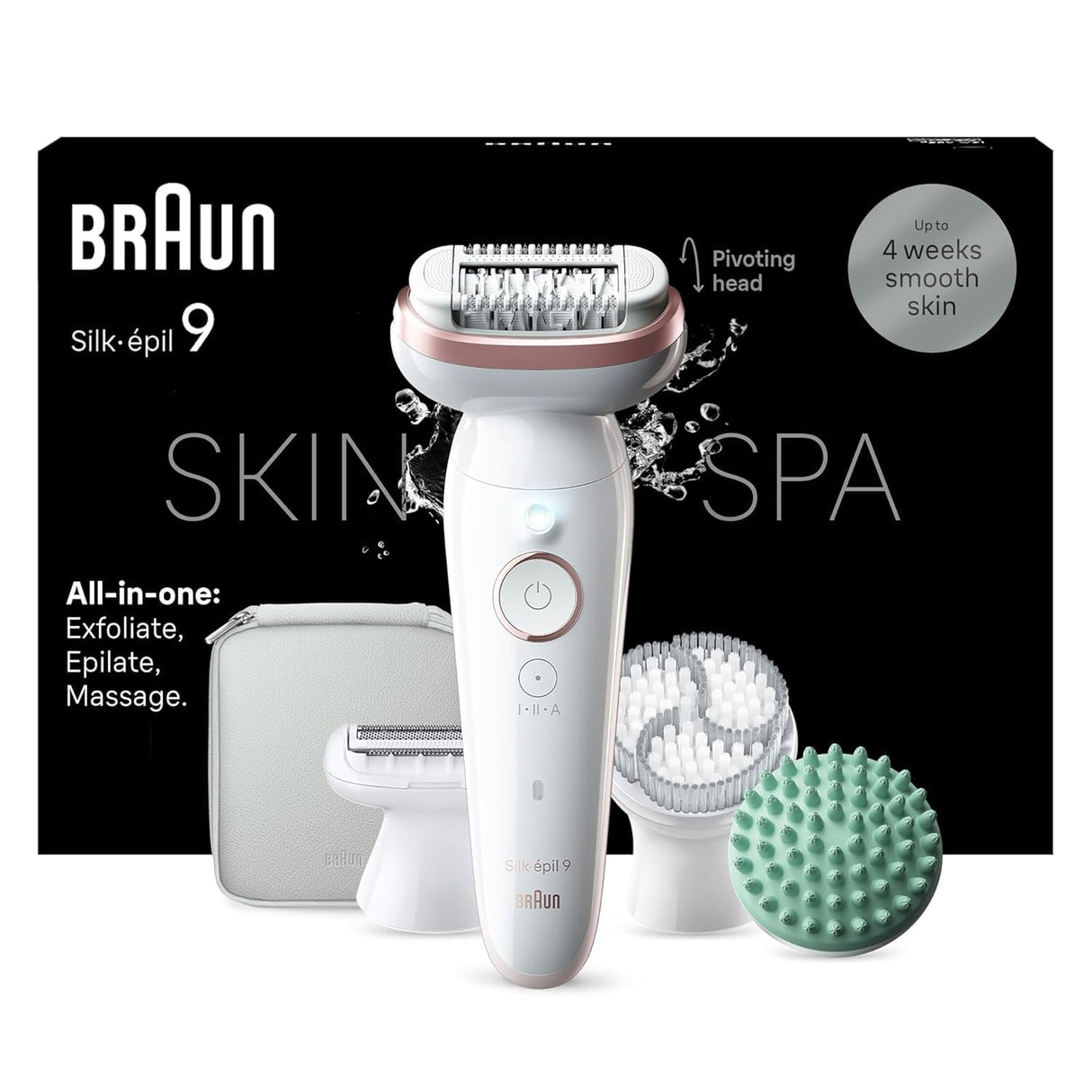 Braun Silk-épil 9 SkinSpa - Set todo en uno, depiladora para mujer, depiladora de larga duración, cabezal de afeitado, cabezal de masaje, color blanco y rosa