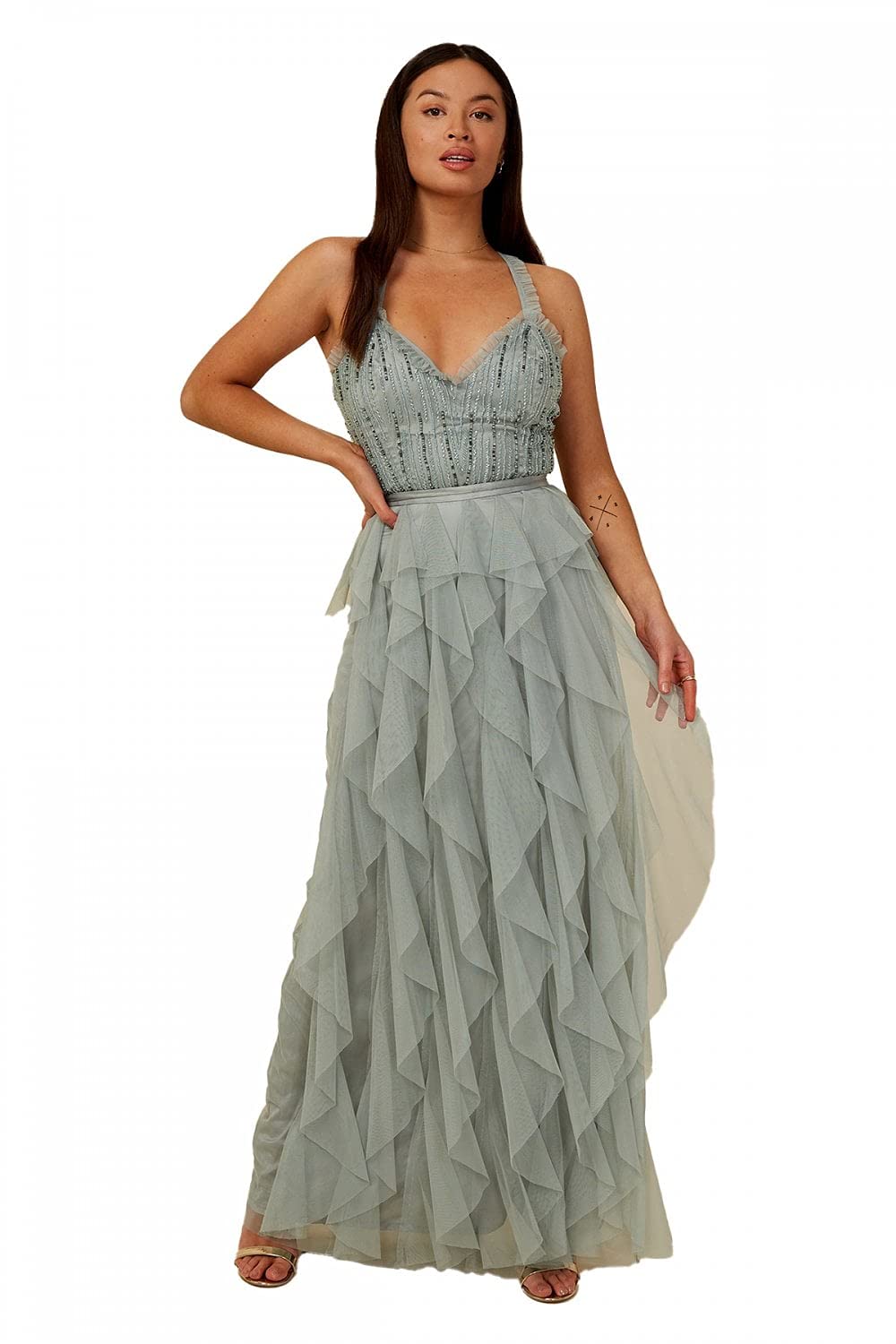 Little Mistress Women's Bridesmaid Ayla Embellished Ruffle Mesh Maxi Dress, Size 14 UK, Waterlily Vestido, Mujer