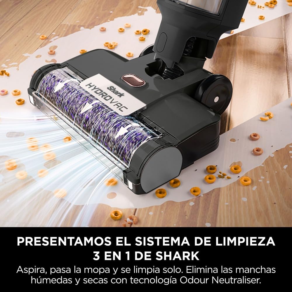 Shark HydroVac Aspiradora mopa sin cable, aspira y friega suelos, con cepillo multisuperficie giratorio antimicrobiano para eliminar olores, limpia en seco y húmedo, modo autolimpieza, gris WD210EU