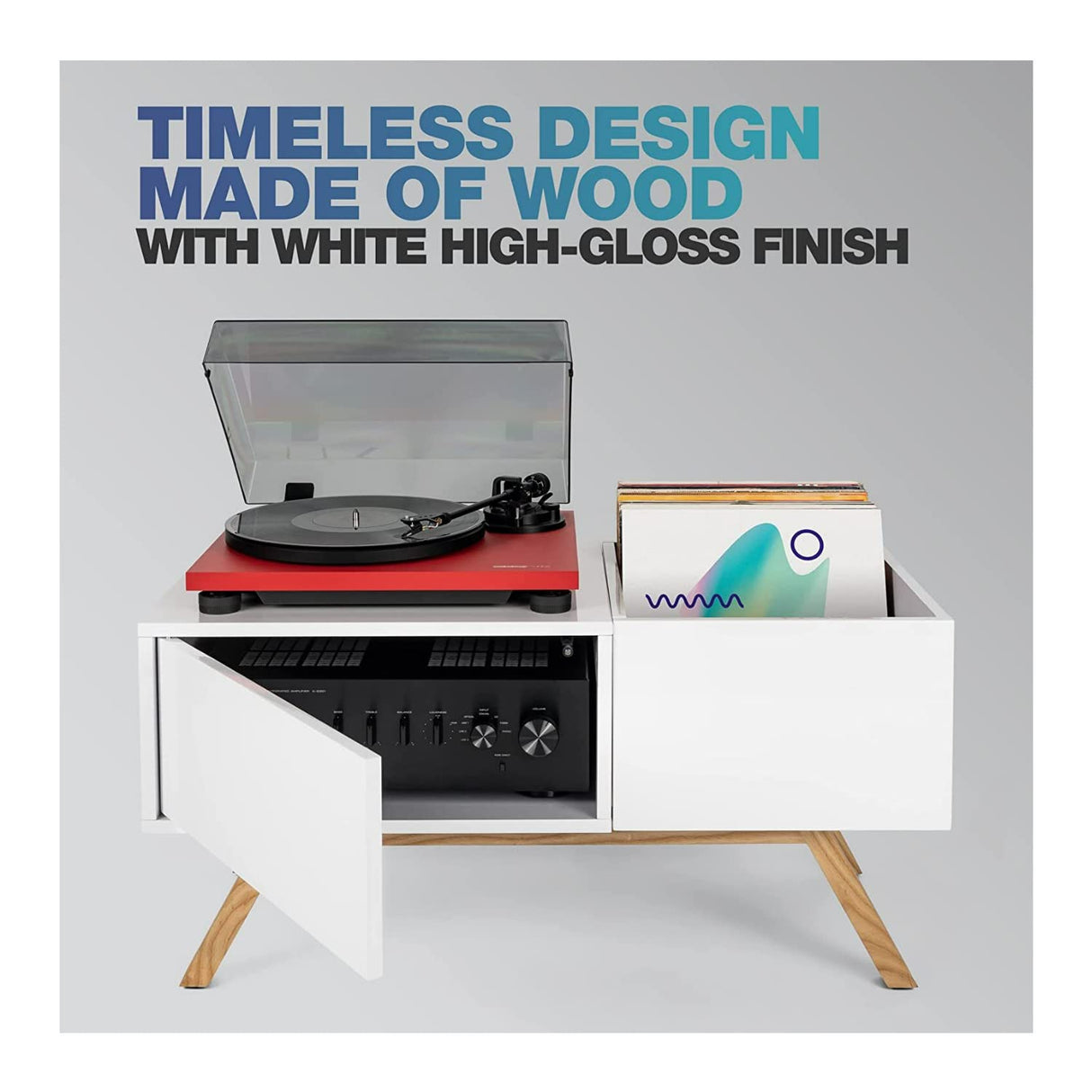 Glorious Turntable Lowboard - tablero bajo de alta calidad en diseño retro de los 60, espacio de almacenamiento para un tocadiscos y mucho espacio para los discos, blanco