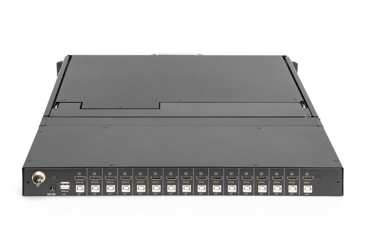 DIGITUS Consola KVM de 17" - FullHD - Conmutador HDMI de 16 Puertos - Teclado GE - para armarios de Servidor y Red de 19 Pulgadas - Negro