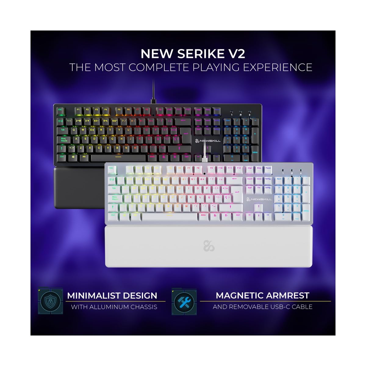 NEWSKILL Serike V2 Teclado mecánico Full Layout RGB con switches Hot-Swap lineales, Estructura metálica y reposamuñecas magnético español Negro